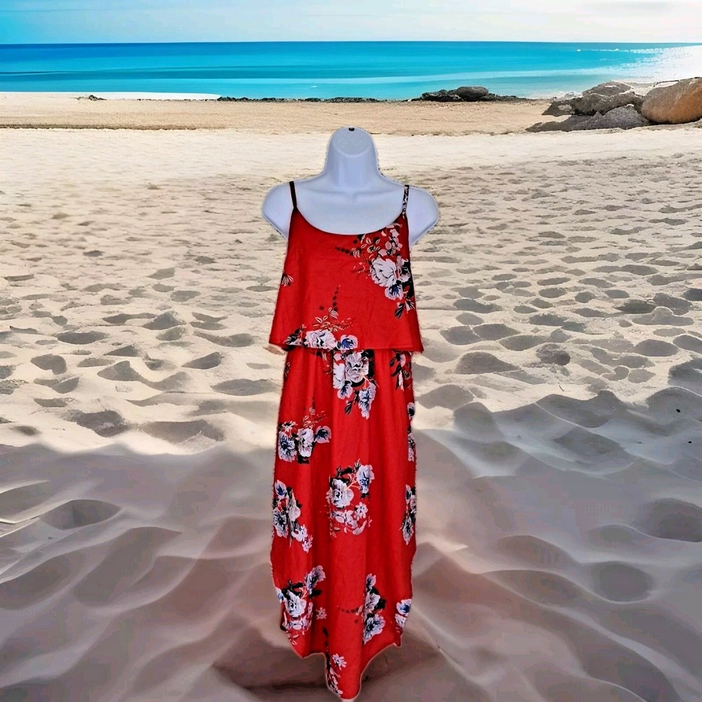 Yidarton Maxi Dress L Red Floral Adjustable Straps Side Slits Boho Chic Beachy